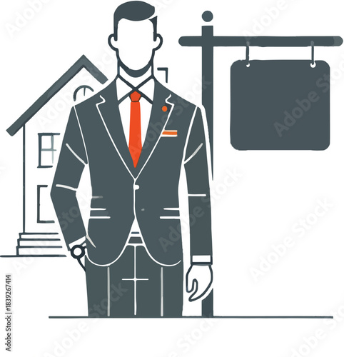 Real Estate Agent With House and Sign realtor suit