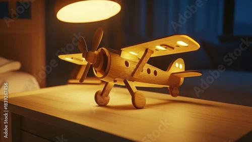 Wooden airplane nightlight on a bedside table