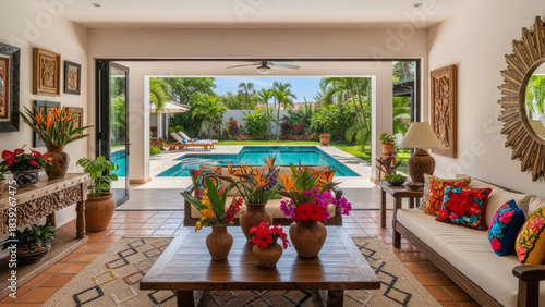 Luxurious contemporary villa with infinity pool and vibrant cactus garden overlooking the ocean