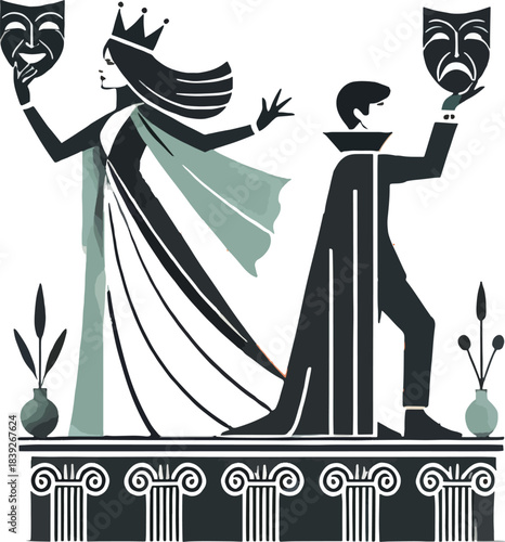 Theatrical characters with masks and classical columns Keywords: theater, drama, comedy, tragedy