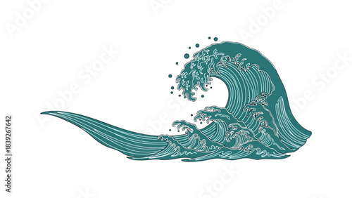 Stylized illustration of a powerful ocean wave in a traditional Japanese Ukiyo-e woodblock print style, featuring intricate details and a dynamic curl.