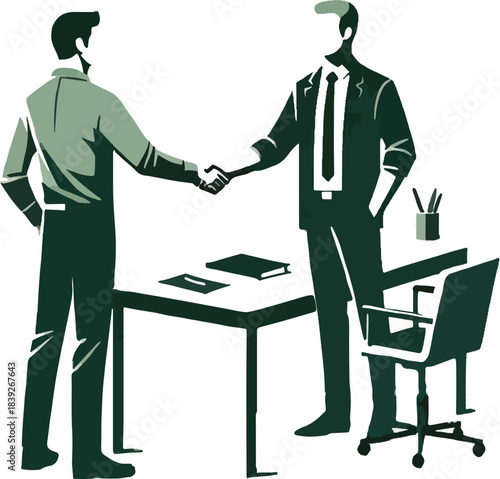 Two businessmen shaking hands over a desk handshake