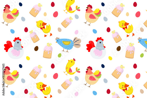 Seamless Easter pattern with cute cartoon chicks, hens, colorful eggs and traditional Easter cakes on a white background.