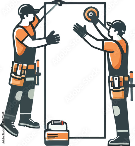 Two workers installing a large poster or banner installation