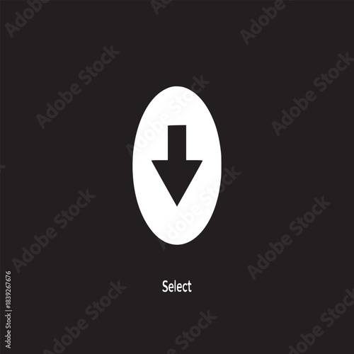 A white circle with a black arrow pointing down and the word select below on a black background