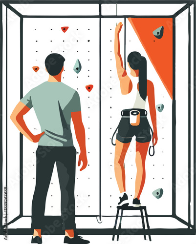 Woman Climbing Indoor Rock Wall with Instructor rock climbing