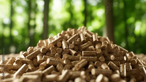 Pile of wood pellets against a blurred forest backdrop