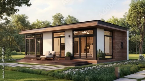 Modern house with a spacious deck and landscaping