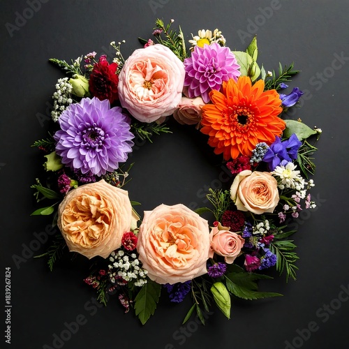 Colorful floral wreath composition against a dark, contrasting backdrop