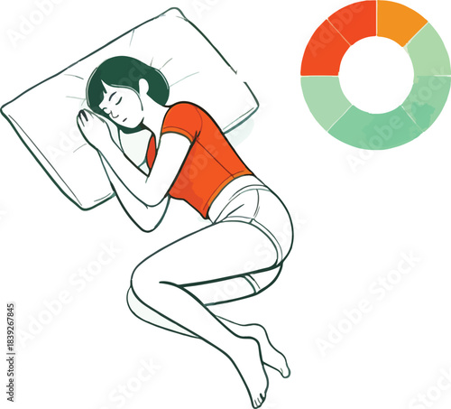 Woman sleeping peacefully on a pillow with a pie chart Keywords: sleeping, woman, pillow, bed