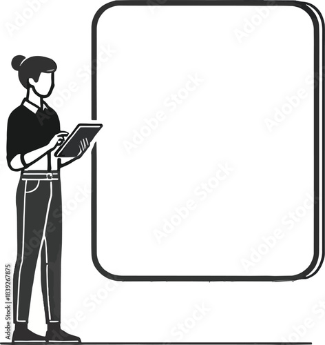 Woman with tablet next to blank speech bubble person