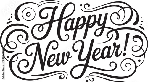 Happy New Year! bold calligraphy swirls around the black text, isolated on white