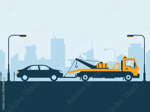 A yellow and blue tow truck pulls a disabled car in a stylized urban landscape.