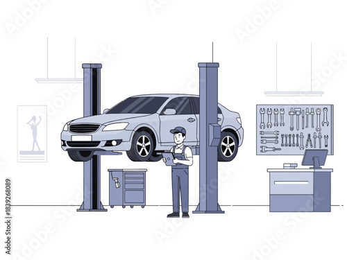 Mechanic uses a tablet to check a raised car in the auto service shop.
