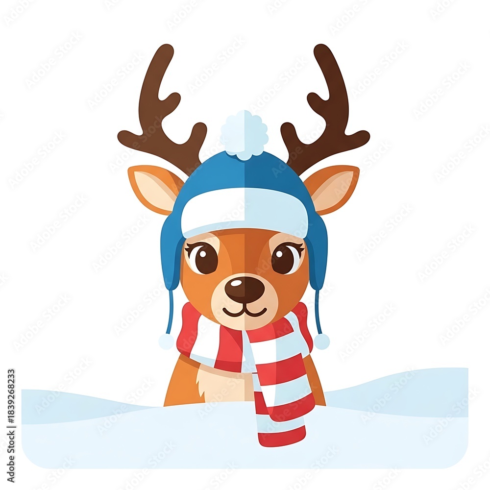 Fototapeta premium Cute Reindeer Wearing Blue Winter Hat and Red White Scarf in Snowy Landscape
