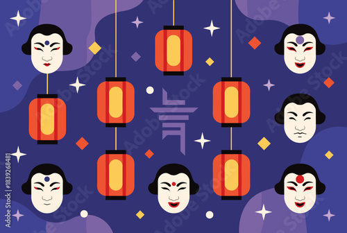 Japanese Kabuki masks and red lanterns on a dark blue background with stars and cultural symbols.