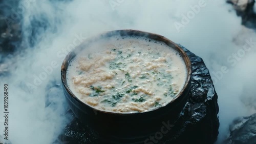 Steaming bowl of soup on dark rocks
