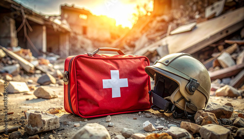 Humanitarian aid kit and rescue helmet amid rubble, sunlight highlighting urgent relief efforts and hope in disaster aftermath