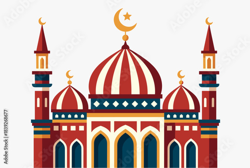 A vibrant, stylized illustration of a mosque with multiple domes and minarets, featuring a crescent moon and star on the main dome, depicted in red, white, and gold colors.