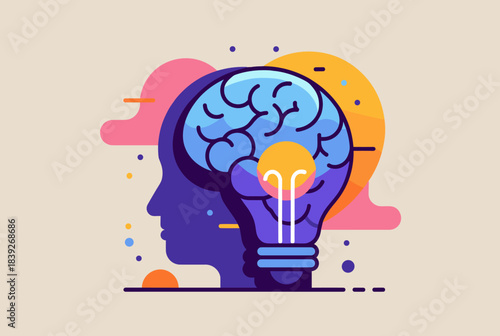 Stylized illustration of a human head with a glowing lightbulb brain, representing ideas, creativity, and intelligence.