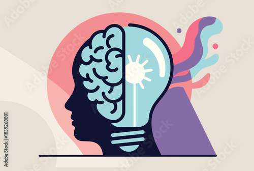 Stylized illustration of a human head with a brain and a lightbulb, symbolizing ideas, creativity, and mental processes.