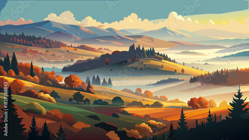 Very beautiful rolling hills and forests covered in vivid autumn colors, illuminated by soft morning light and drifting mist for a calm, atmospheric landscape.