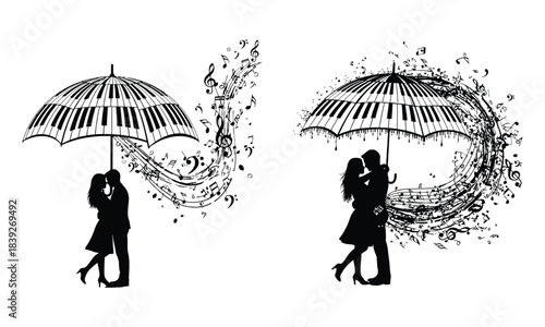 Romantic couple under piano umbrella with swirling musical notes artwork.