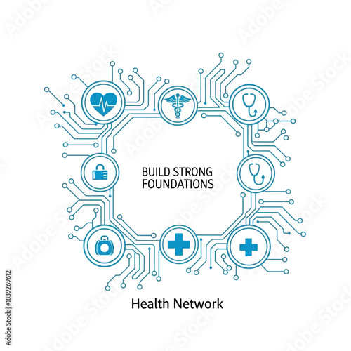 Digital Health Network With Medical Icons Building Strong Foundations For Connected Care