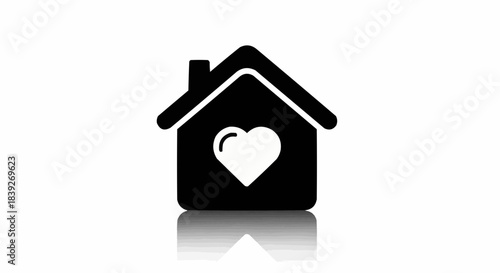 A black house silhouette with a white heart inside, reflecting on a white surface, symbolizing home, love, and care.