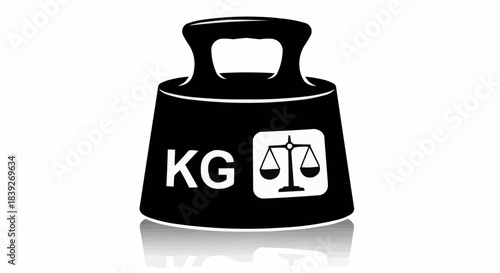 A black kilogram weight with "KG" and a balance scale icon, reflecting on a white surface.
