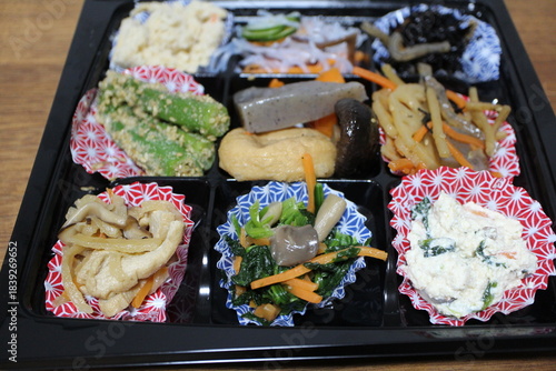 Assorted Japanese appetizers purchased at a supermarket in Tokyo, Japan