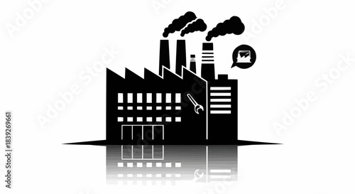 Black silhouette of an industrial factory with smoking chimneys, featuring a wrench and gear icon, and a computer monitor in a speech bubble, with a clear reflection.