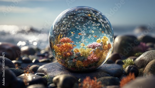 Fototapeta Naklejka Na Ścianę i Meble -  Ocean reflected in a crystal ball, showing coral reef life with tiny fish. Waves in background