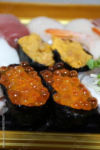 Ikura (salmon roe) nigirizushi purchased at a supermarket in Tokyo, Japan