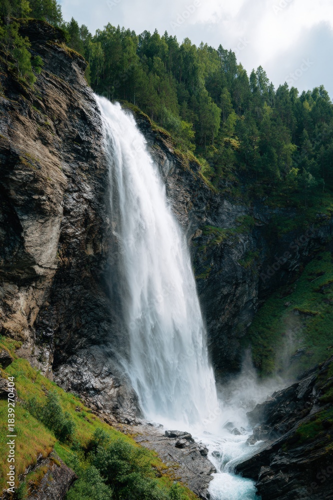 Obraz premium Majestic waterfall cascading down rocky cliff amidst green forest
