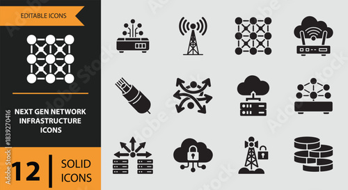 12 Next Gen Network Infrastructure Icons solid icon set. Next generation network infrastructure solid icons collection