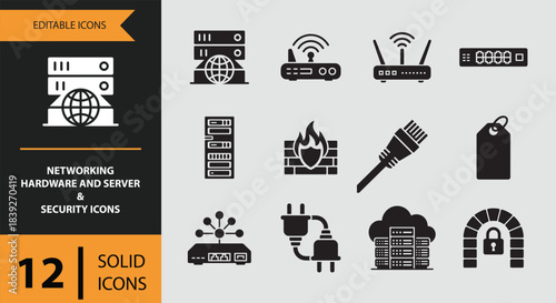 12 Networking Hardware and Server and Security Icons solid icon set. Networking hardware server security solid icons set