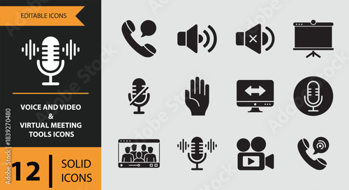 12 Voice and Video and Virtual Meeting Tools Icons solid icon set. Voice video and virtual meeting tools solid icons set