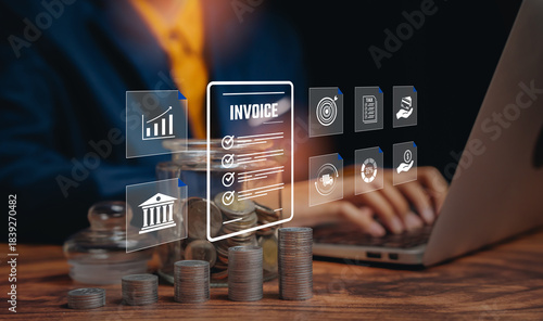 Slika na platnu Financial management concept, hands typing with digital invoice icons and money stacks, budgeting analysis, cost control workflow, revenue planning, operational finance accuracy