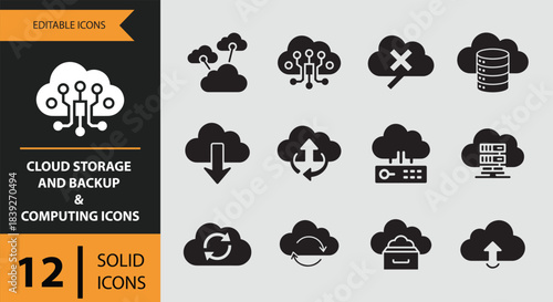 12 Cloud Storage and Backup and Computing Icons solid icon set. Cloud storage backup and computing solid icons collection