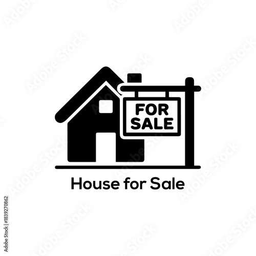 House for Sale Sign Icon: Simple Silhouette Vector for Real Estate, Property Market, and Home Buying Service
