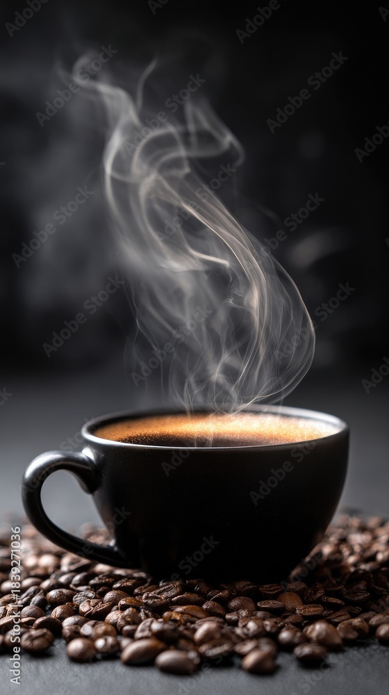 Fototapeta premium A dark-colored coffee cup sits on a bed of roasted beans; steam elegantly rises from its surface against a dark background
