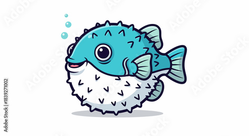 Cute Cartoon Pufferfish Illustration with Spikes and Bubbles.
