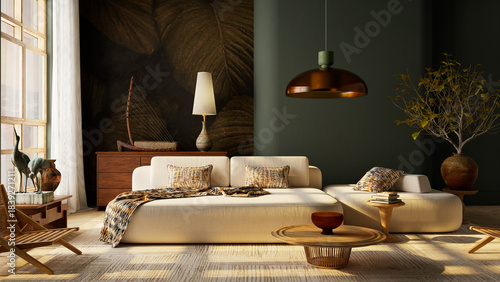 Warm Japandi living room interior with natural sunlight, earthy wooden furniture, cozy seating and tranquil minimalist ambiance. 3D illustration