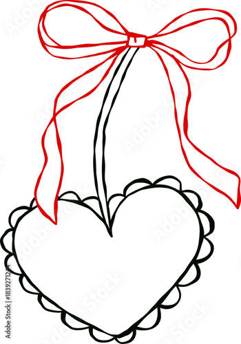 Whimsical Hand Drawn Dove Flying with Heart Cherry and Ribbon Illustration
