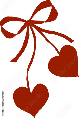 Whimsical Hand Drawn Vintage Coquette Valentine Love Red Heart Cherry with Bow Ribbon