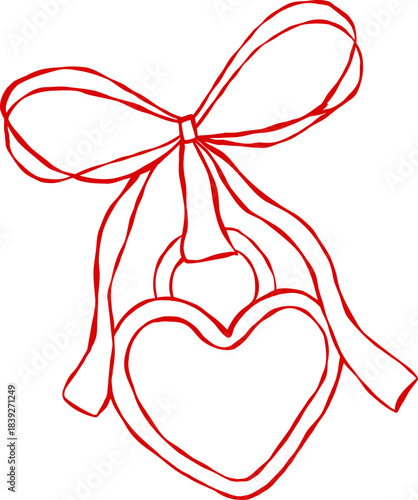 Whimsical Hand Drawn Vintage Coquette Valentine Red Love Heart Locket with Bow Ribbon
