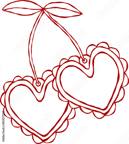 Whimsical Hand Drawn Vintage Red Coquette Valentine Love Heart Cherry with Bow Ribbon