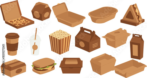 Vector Collection of Eighteen Takeaway Food Delivery Boxes and Containers in Brown Tones, Including Pizza, Burger, Popcorn, and Drink Cups, Ideal for Fast Food and Delivery Services