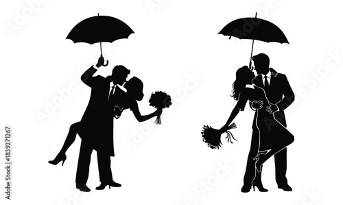 Romantic silhouette of couple kissing under umbrella with bouquet vector art